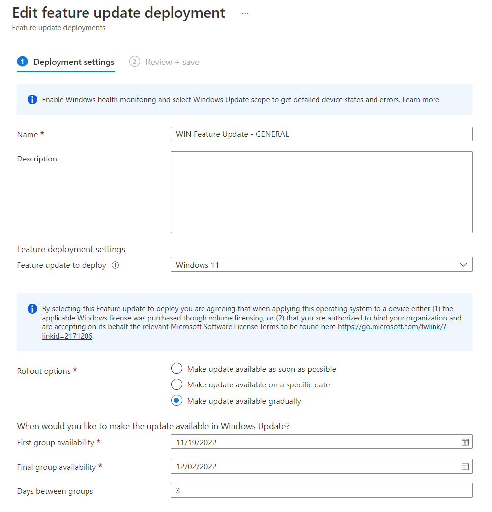 Feature update policy settings: release and rollout options